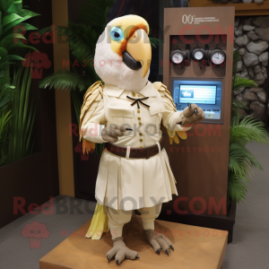 Beige Parrot mascot costume character dressed with a Skirt and Digital watches