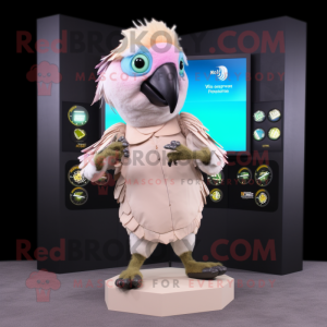 Beige Parrot mascot costume character dressed with a Skirt and Digital watches