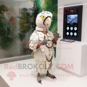 Beige Parrot mascot costume character dressed with a Skirt and Digital watches
