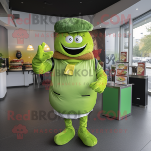 Lime Green Hamburger mascot costume character dressed with a Dress Shirt and Gloves