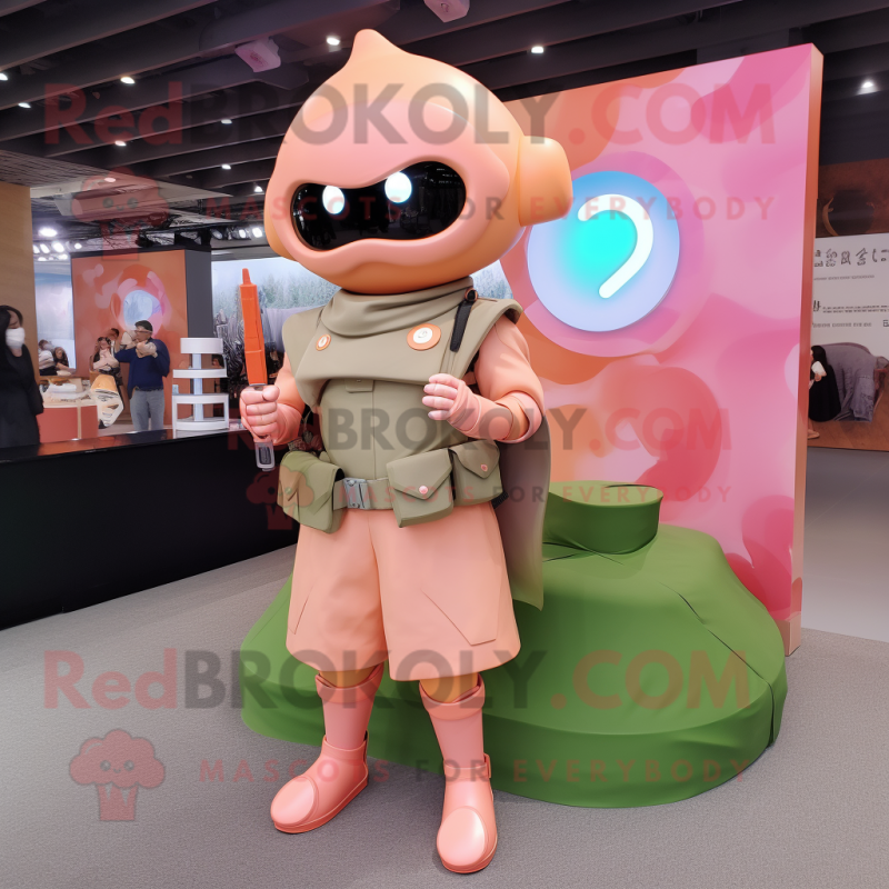 Peach Soldier mascot costume character dressed with a Wrap Skirt and Smartwatches