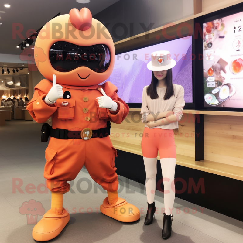 Peach Soldier mascot costume character dressed with a Wrap Skirt and Smartwatches Peach Soldier mascot costume character dressed with a Wrap Skirt and Smartwatches