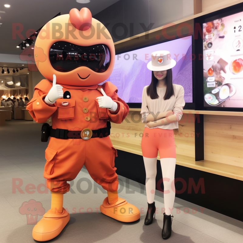 Peach Soldier mascot costume character dressed with a Wrap Skirt and Smartwatches