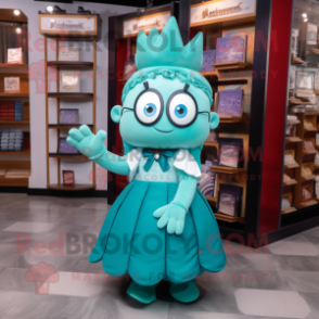 Teal Queen mascot costume character dressed with a Pleated Skirt and Messenger bags