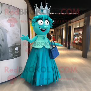 Teal Queen mascot costume character dressed with a Pleated Skirt and Messenger bags