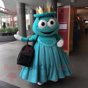 Teal Queen mascot costume character dressed with a Pleated Skirt and Messenger bags