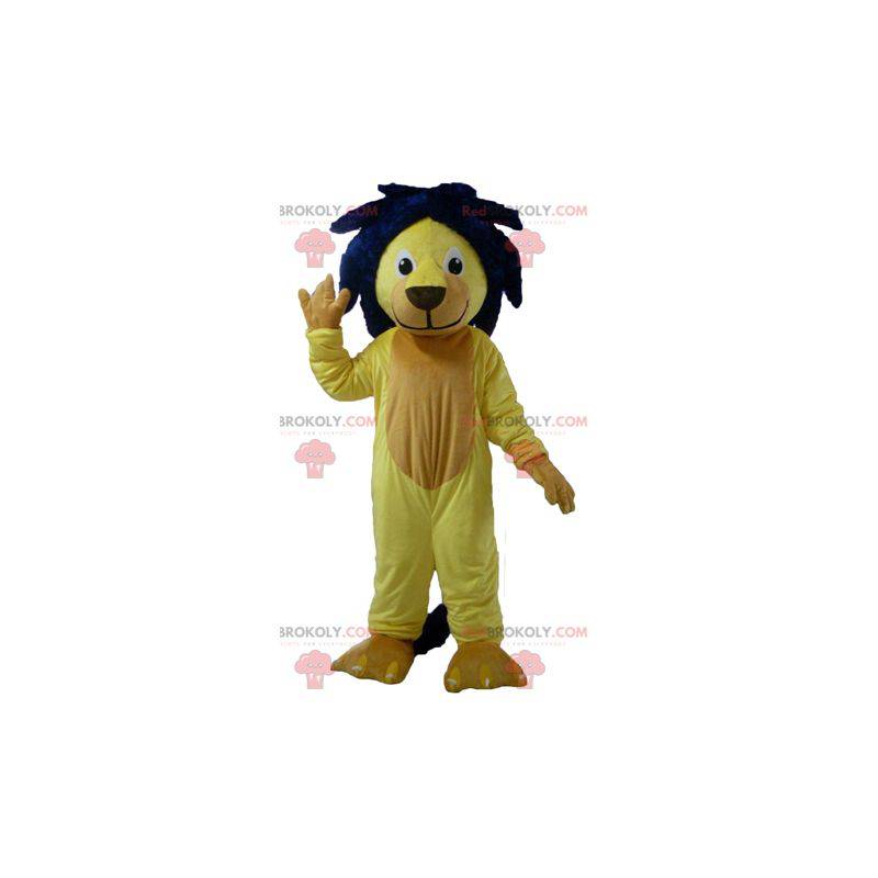 Mascotte de lion jaune avec une crinière bleue - Redbrokoly.com