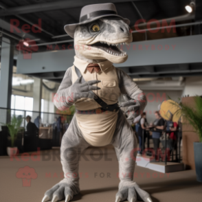 Gray Allosaurus mascot costume character dressed with a Corduroy Pants and Belts