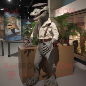 Gray Allosaurus mascot costume character dressed with a Corduroy Pants and Belts