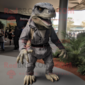 Gray Allosaurus mascot costume character dressed with a Corduroy Pants and Belts