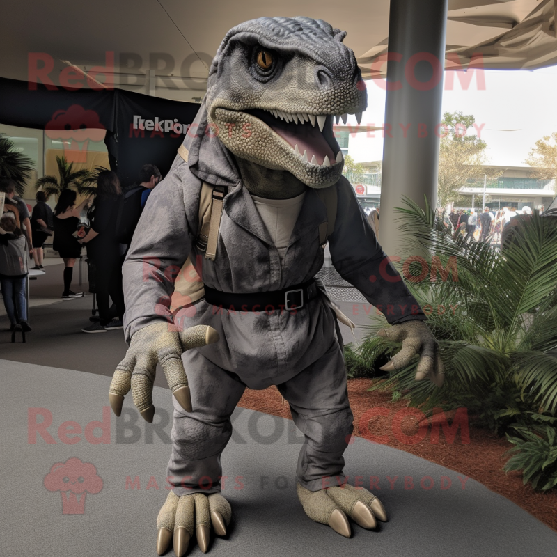 Gray Allosaurus mascot costume character dressed with a Corduroy Pants and Belts Gray Allosaurus mascot costume character dressed with a Corduroy Pants and Belts