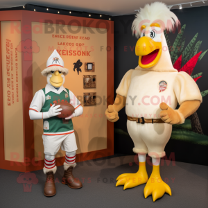 Cream Roosters mascot costume character dressed with a Rugby Shirt and Watches
