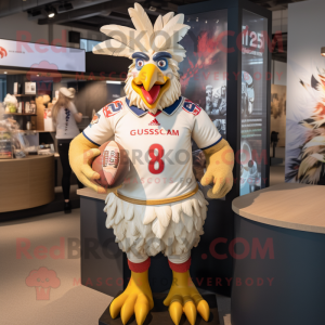 Cream Roosters mascot costume character dressed with a Rugby Shirt and Watches