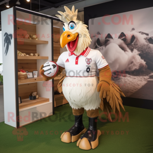 Cream Roosters mascot costume character dressed with a Rugby Shirt and Watches