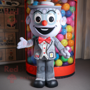Gray Gumball Machine mascot costume character dressed with a Waistcoat and Bow ties