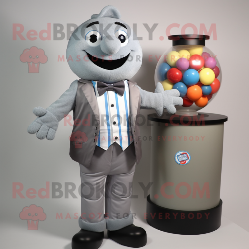 Gray Gumball Machine mascot costume character dressed with a Waistcoat and Bow ties