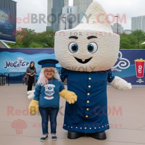 Navy Pop Corn mascot costume character dressed with a Mom Jeans and Wraps