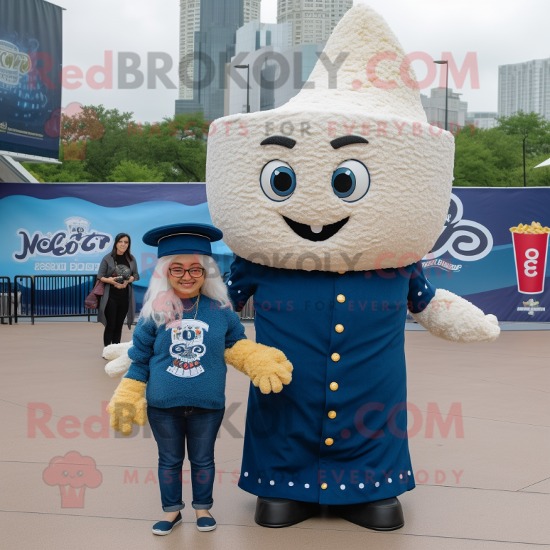 Navy Pop Corn mascot costume character dressed with a Mom Jeans and Wraps Navy Pop Corn mascot costume character dressed with a Mom Jeans and Wraps