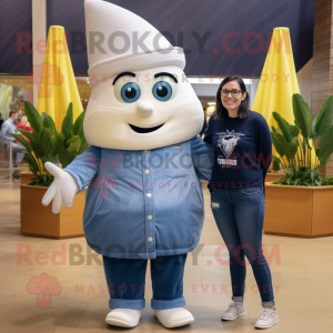 Navy Pop Corn mascot costume character dressed with a Mom Jeans and Wraps