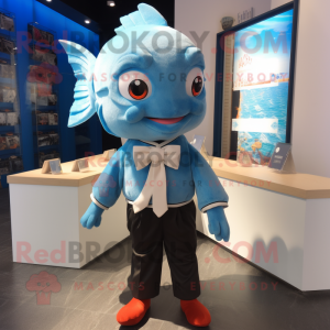 Sky Blue Goldfish mascot costume character dressed with a Oxford Shirt and Bow ties