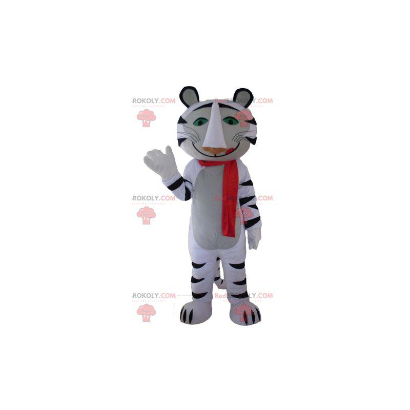 Mascotte tigre bianca e nera con una sciarpa rossa -