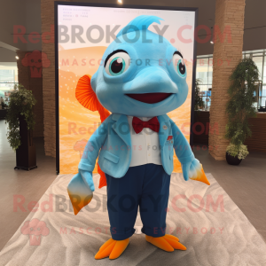 Sky Blue Goldfish mascot costume character dressed with a Oxford Shirt and Bow ties