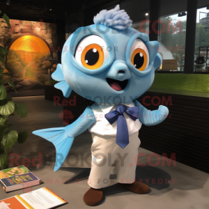 Sky Blue Goldfish mascot costume character dressed with a Oxford Shirt and Bow ties