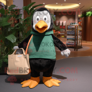 Forest Green Penguin mascot costume character dressed with a Bodysuit and Tote bags