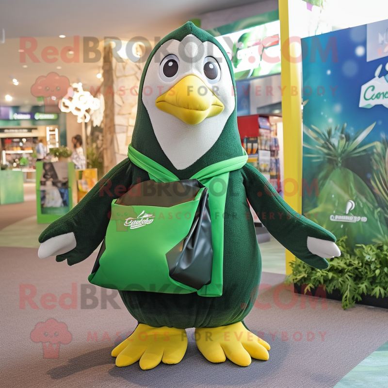 Forest Green Penguin mascot costume character dressed with a Bodysuit and Tote bags