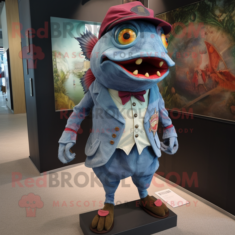 nan Piranha mascot costume character dressed with a Culottes and Tie pins