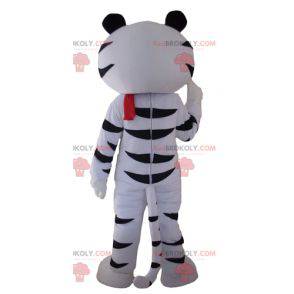 Witte en zwarte tijger mascotte met een rode sjaal -