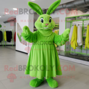 Lime Green Rabbit mascot costume character dressed with a Wrap Dress and Mittens