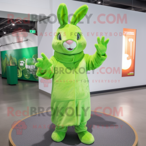 Lime Green Rabbit mascot costume character dressed with a Wrap Dress and Mittens