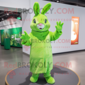 Lime Green Rabbit mascot costume character dressed with a Wrap Dress and Mittens