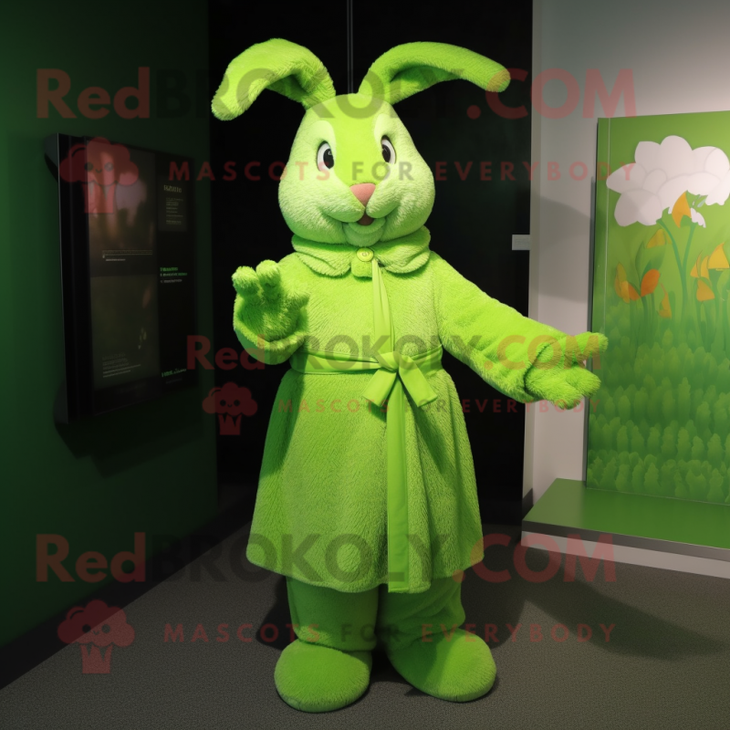 Lime Green Rabbit mascot costume character dressed with a Wrap Dress and Mittens