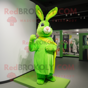 Lime Green Rabbit mascot costume character dressed with a Wrap Dress and Mittens