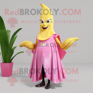 Pink Banana mascot costume character dressed with a A-Line Skirt and Brooches