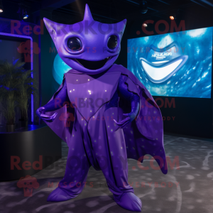 Purple Manta Ray mascot costume character dressed with a Bodysuit and Cufflinks