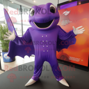 Purple Manta Ray mascot costume character dressed with a Bodysuit and Cufflinks