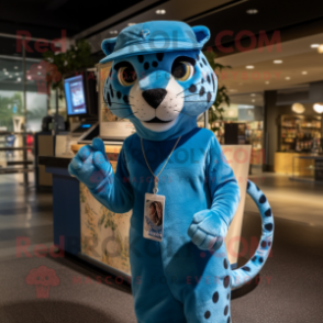 Blue Cheetah mascot costume character dressed with a Cargo Pants and Hat pins