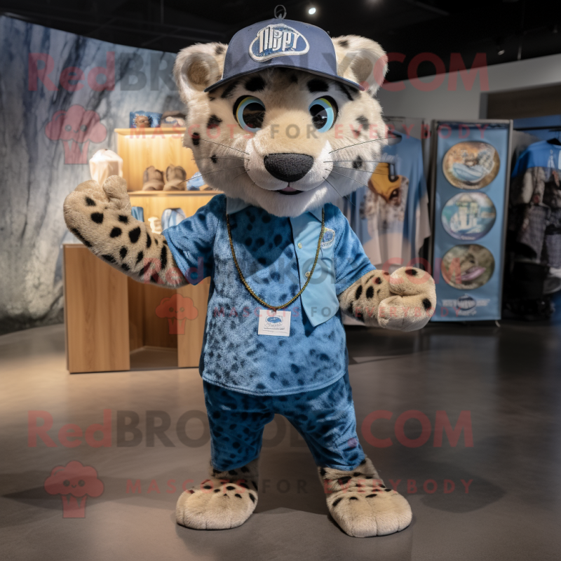 Blue Cheetah mascot costume character dressed with a Cargo Pants and Hat pins