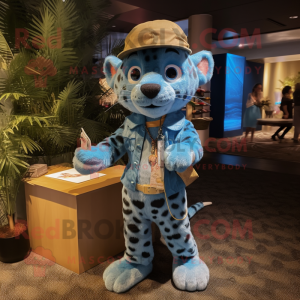Blue Cheetah mascot costume character dressed with a Cargo Pants and Hat pins