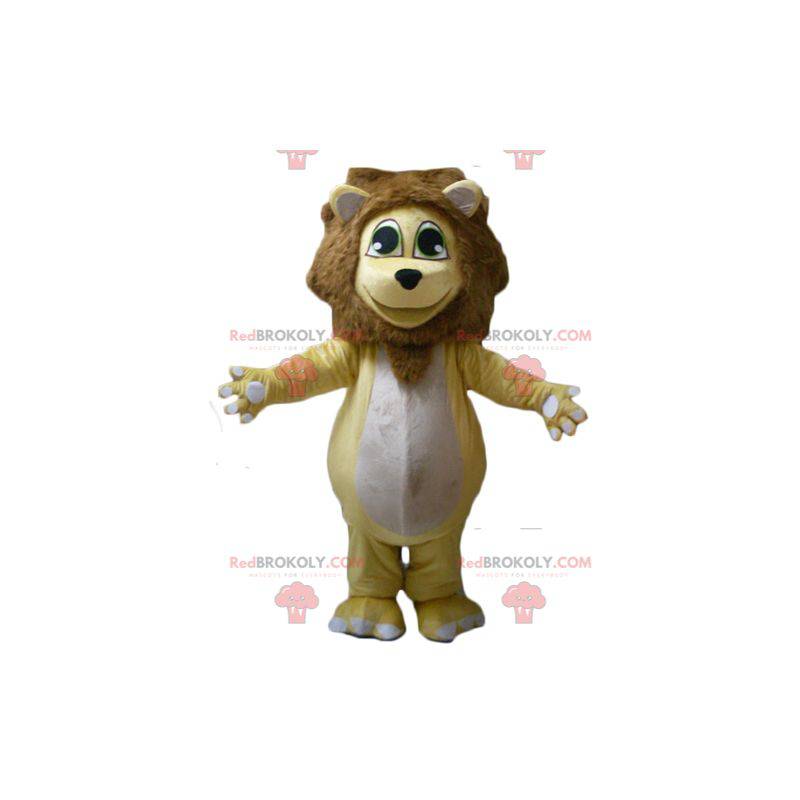 Plump and touching yellow white and brown lion mascot -