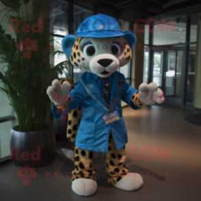 Blue Cheetah mascot costume character dressed with a Cargo Pants and Hat pins