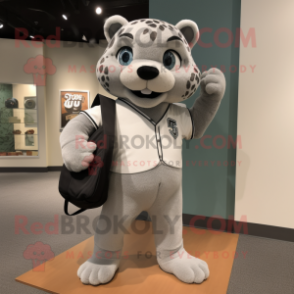 Gray Jaguar mascot costume character dressed with a Baseball Tee and Tote bags