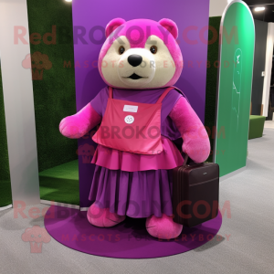 Magenta Bear mascot costume character dressed with a Wrap Skirt and Wallets