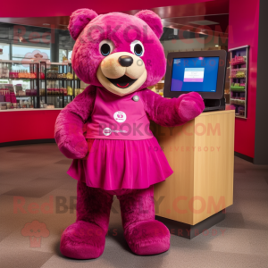 Magenta Bear mascot costume character dressed with a Wrap Skirt and Wallets