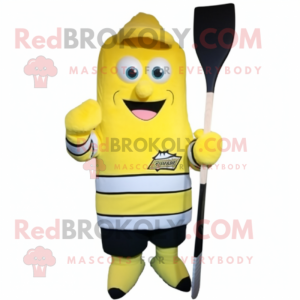 Yellow Ice Hockey Stick mascot costume character dressed with a Parka and Clutch bags