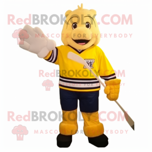 Yellow Ice Hockey Stick mascot costume character dressed with a Parka and Clutch bags