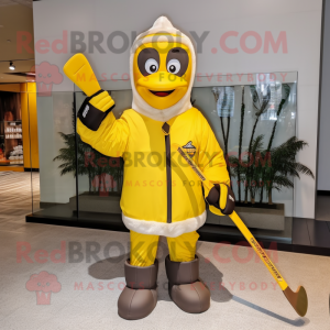 Yellow Ice Hockey Stick mascot costume character dressed with a Parka and Clutch bags